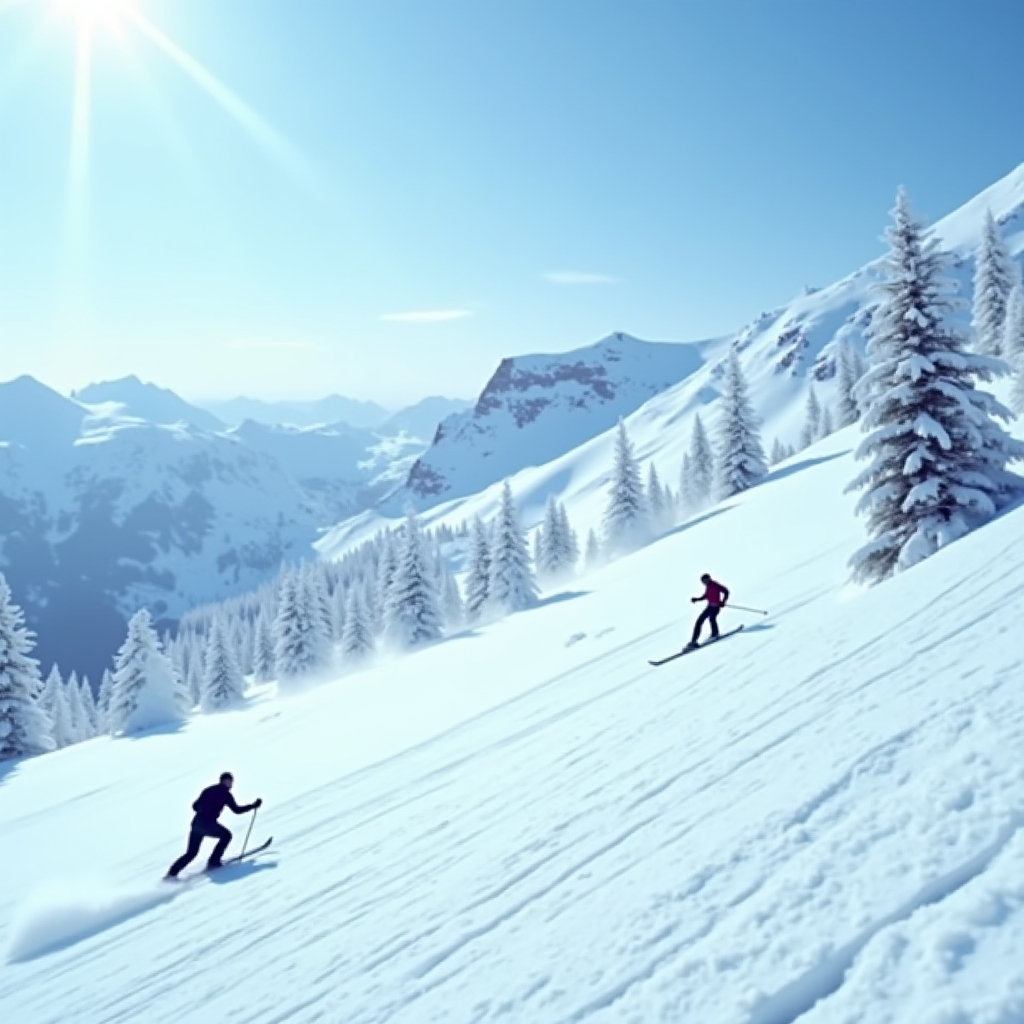 Two skiers catch the morning light on a snowy mountain slope.