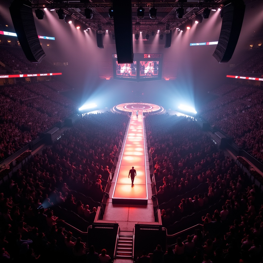 Drone view of a concert stage at Madison Square Garden. Stage features a T-shaped runway. Audience fills the venue, vibrant lighting showcases the event atmosphere.