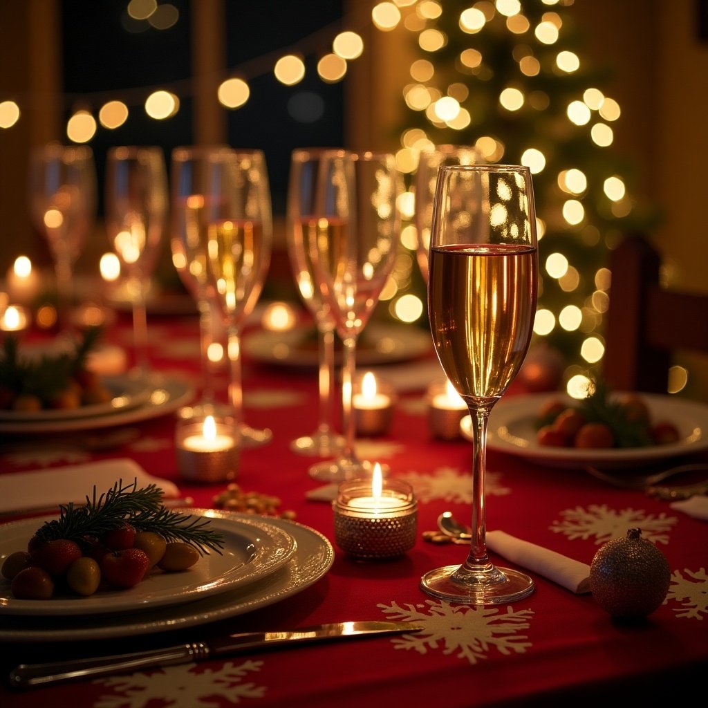 Set a table for a Christmas gathering. Include a glass of champagne with decorations and warm lighting. Soft lights twinkle in the background. The table is adorned with festive items like plates and candles.