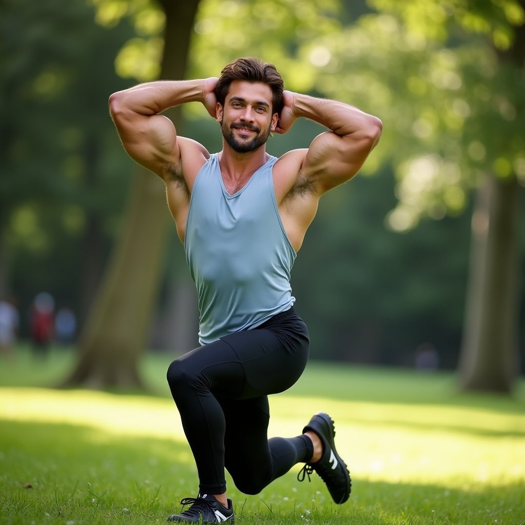 A confident athletic man stands in a vibrant green park. He poses while lunging forward, arms extended overhead. He wears fitted black workout pants and a light blue sleeveless top. His physique is strong and well-proportioned. Sunlight streams through the trees, creating a refreshing atmosphere.