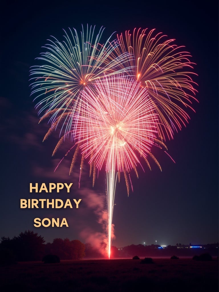 Vibrant firework display in night sky with stunning colors. Text reads Happy Birthday Sona.