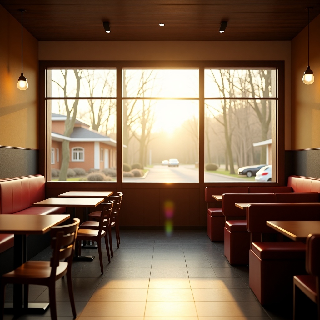 Spacious pizza hut dine-in with large window. Sunlight streaming through window. Minimalist design elements. Warm and inviting atmosphere.