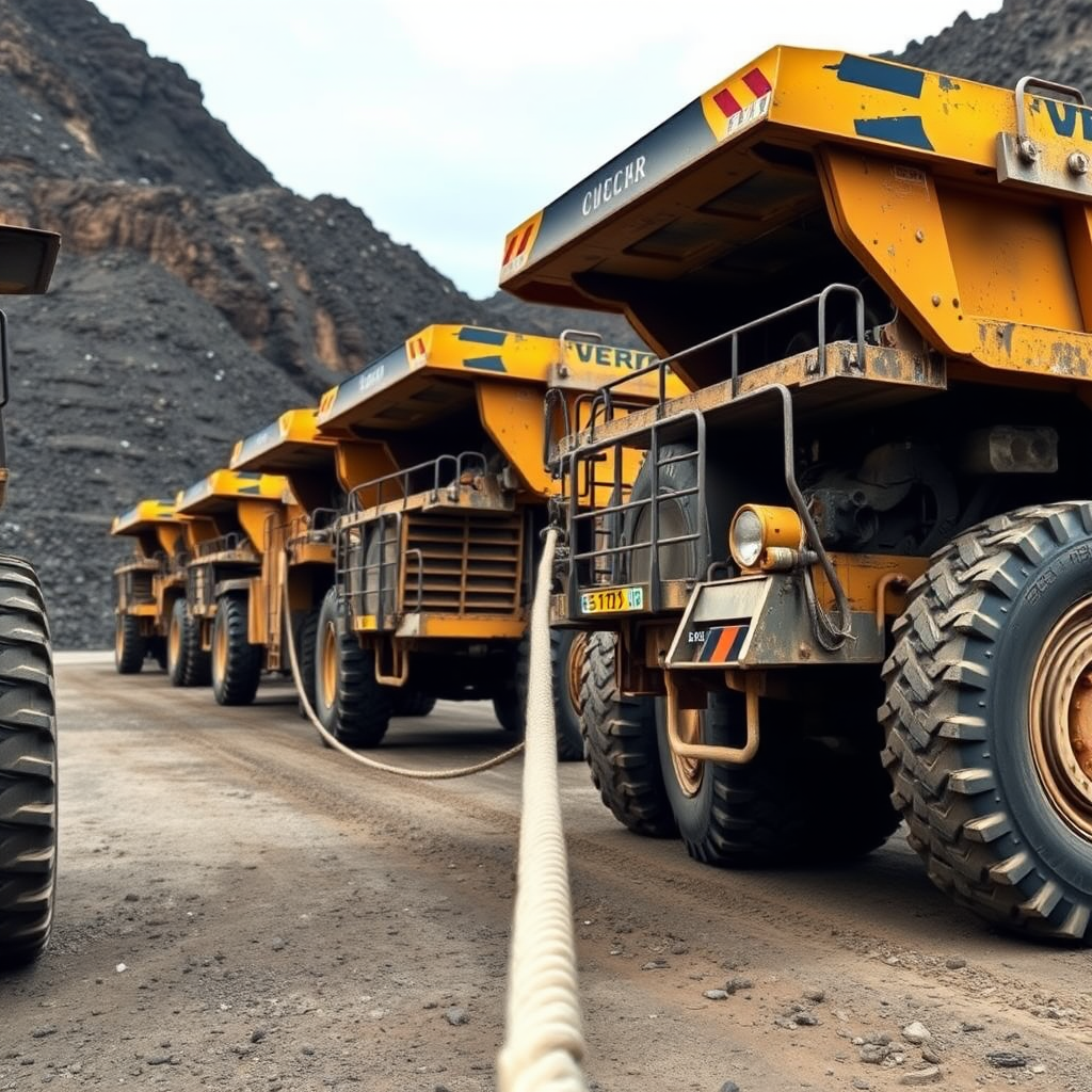 A line of large yellow mining trucks is connected by a thick rope on a dusty road.