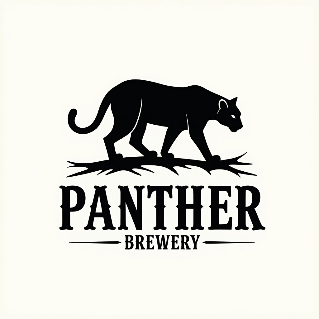 Vector logo featuring the silhouette of a black panther. Simple shapes and lines used in a minimal black and white design. Old English traditional style combined with modern sans serif typeface for 'panther brewery'. Suitable for a craft beer bottle label.