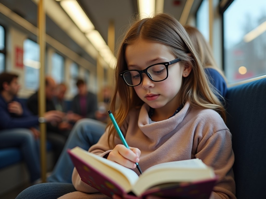 This image captures a moment in a transit setting where a young girl, wearing stylish glasses, is engrossed in writing her diary. She sits comfortably on a train seat, surrounded by commuters, reflecting a typical urban experience. The soft lighting creates a warm atmosphere, emphasizing her concentration. The background shows blurred figures of other passengers, making the girl the focal point. This scene embodies creativity and the joy of journaling during a commute, showcasing how public transport can be a space for reflection and expression.