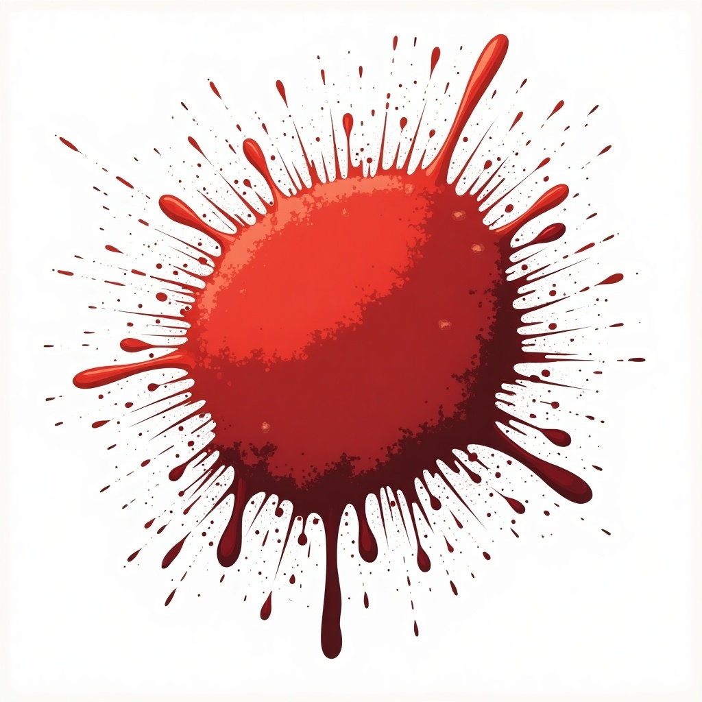 Graphic design of a vibrant red paint splatter on a white background. The splatter features sharp edges and varying shades of red, showcasing an energetic and artistic vibe.