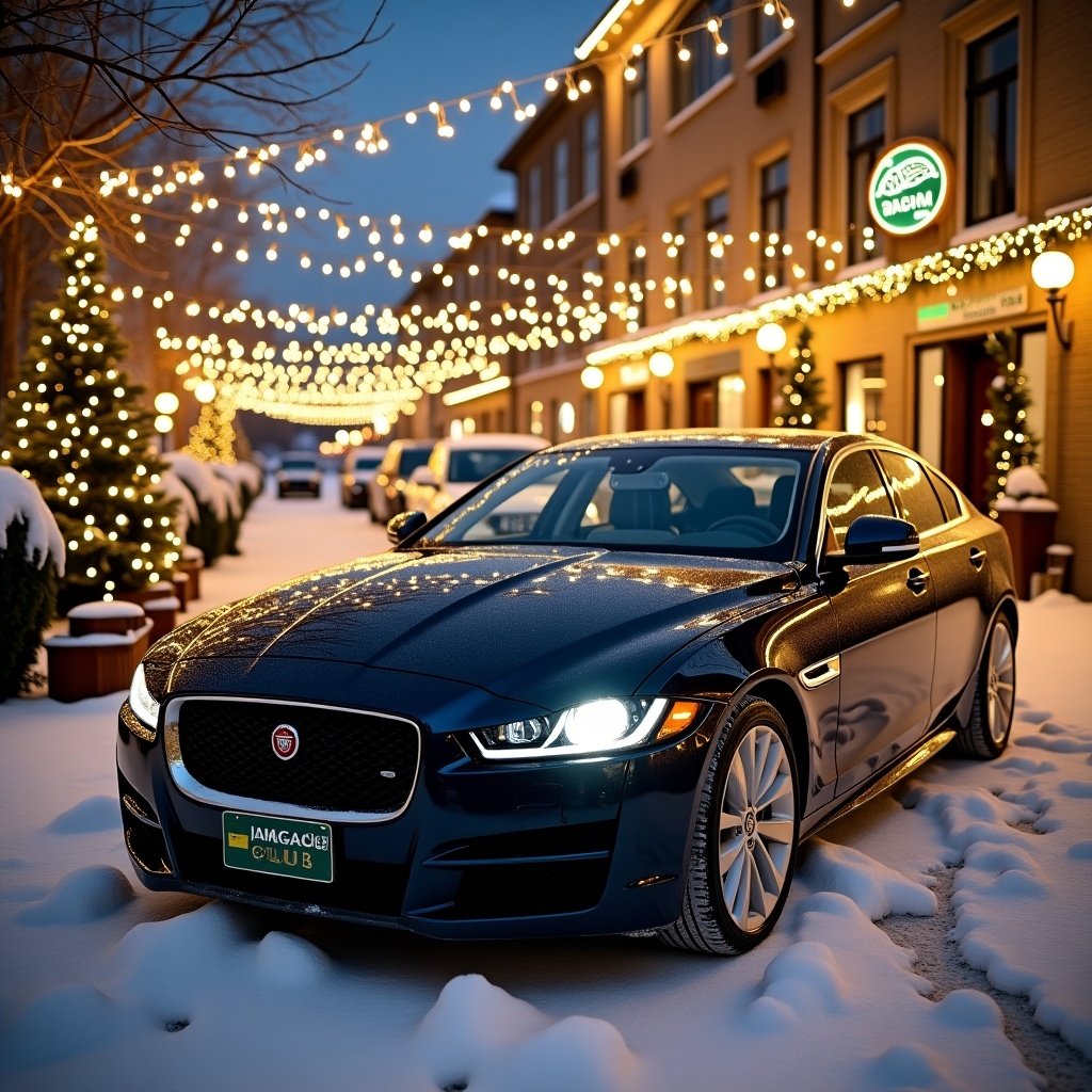 Jaguar car parked in a snowy Christmas scene. The car is prominently displayed. Background features decorated buildings with holiday lights. Soft snow covers the ground. The setting is festive and inviting. The image promotes Jaguar Club Ireland's community spirit during the holidays.