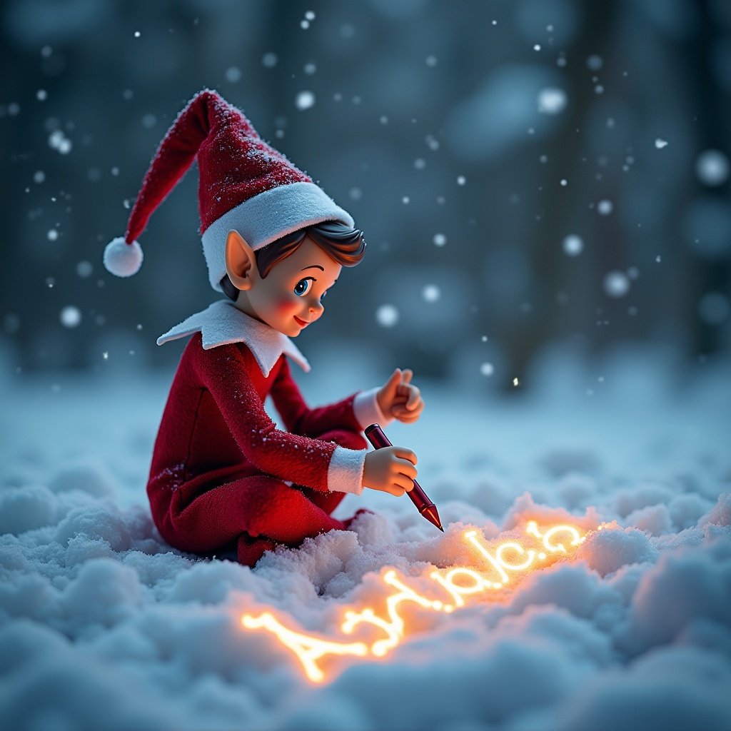 Elf dressed in red writes names in snow. Elf uses a glowing pen. Soft snowflakes gently fall around. Scene has an enchanting atmosphere. Soft lighting highlights the elf and letters.