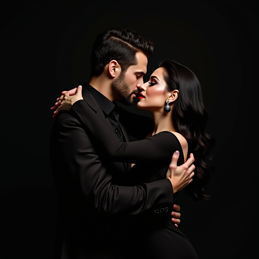 Striking image of a couple embracing closely. Woman has long dark hair and dramatic makeup. Man has a rugged appearance and short hair. Both are in elegant black attire. Intimacy and sophistication are highlighted.