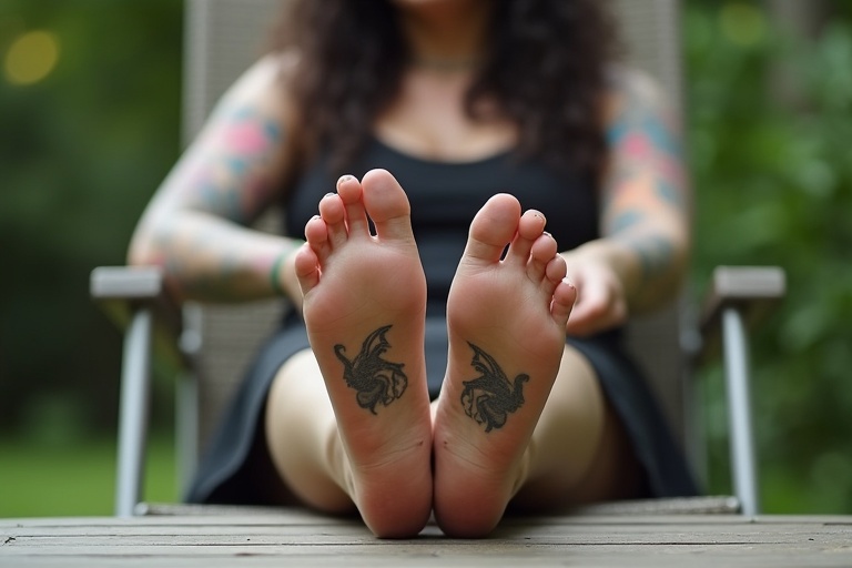 Mature goth woman displays tattooed soles of her crossed bare feet. She sits relaxed in a lawn chair in the garden. Feet are placed on the table.