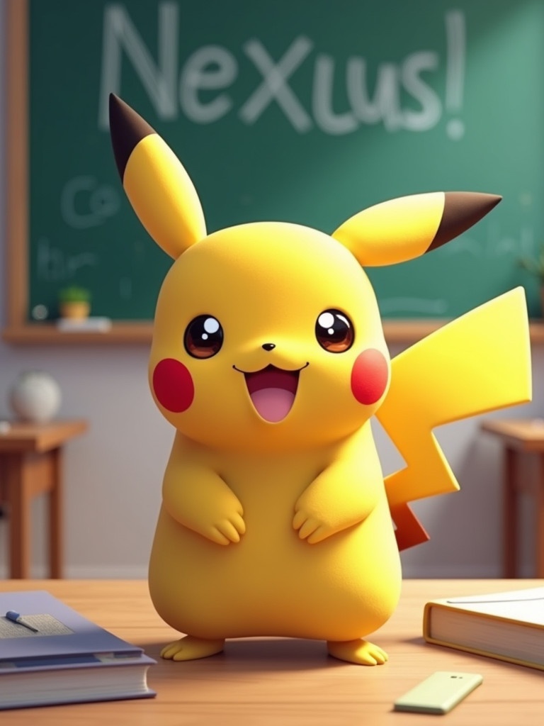 Pikachu stands cheerfully in a classroom. A blackboard reads Nexsus Educational Consultancy. Bright colors and an educational theme are prominent. The setting creates an inviting atmosphere for learning.