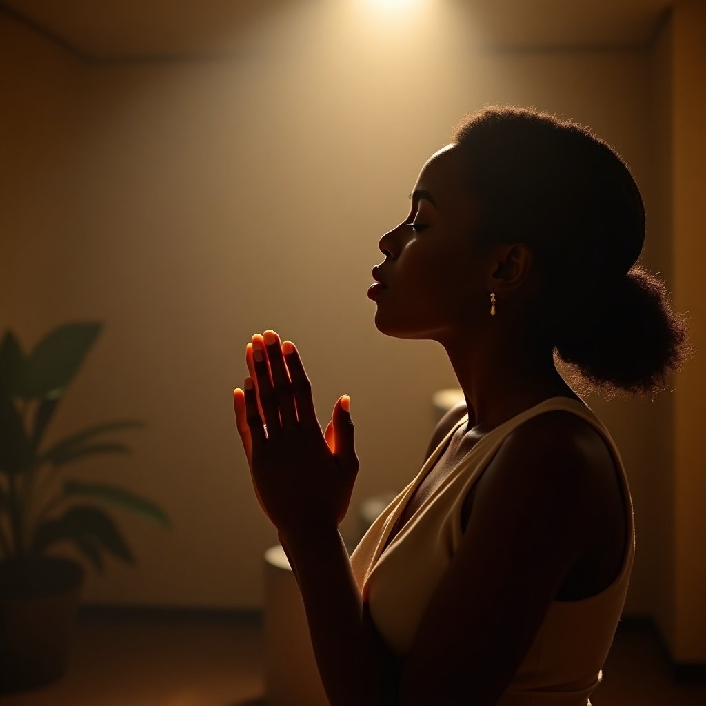 Black woman in a contemplative pose praying. Soft and warm lighting creates a serene atmosphere. Profile view captures a moment of inner peace and reflection.