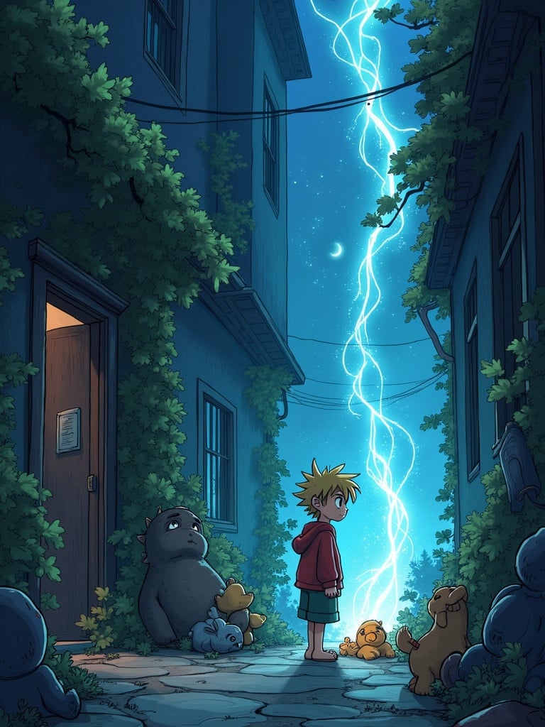 A young boy stands alone in a dark alley. Intense lightning strikes in the background. He looks surprised. The setting is vibrant and whimsical with stuffed animals beside him. The scene is filled with magic and adventure.