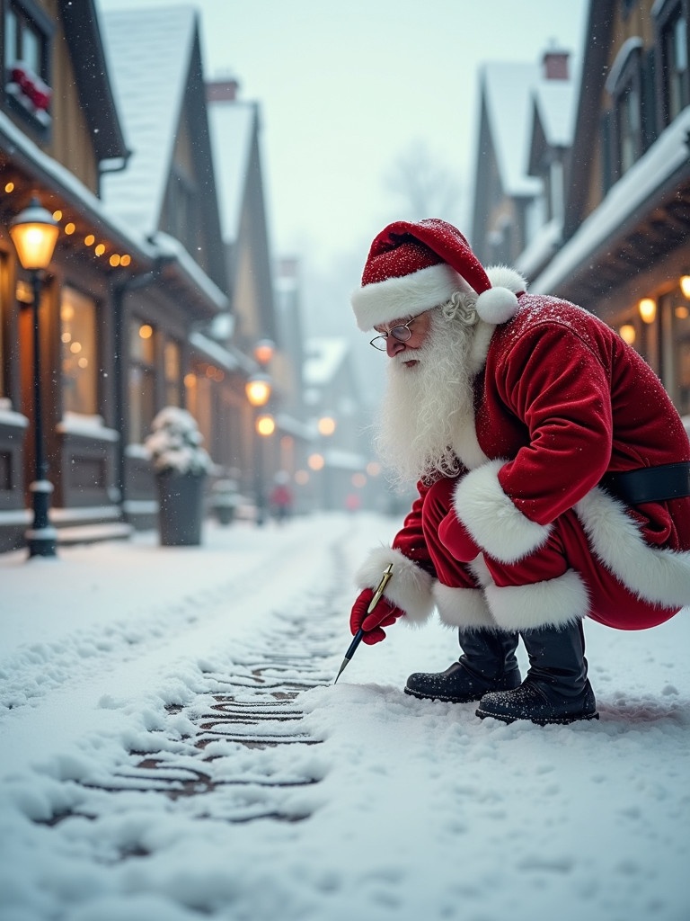 Santa Claus writes names in the snow wearing traditional red and white clothing. The snowy street has charming buildings. The scene displays soft winter light and a cheerful holiday mood.