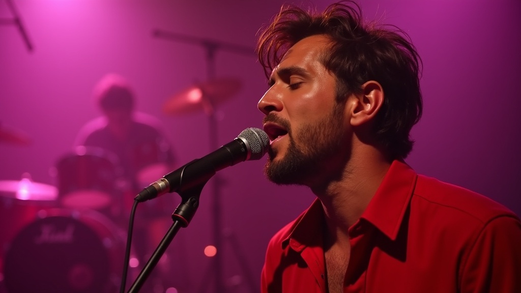 The image displays a close-up of a passionate male performer mid-song. Intense emotion radiates from the performer with slightly parted lips and closed eyes. The singer leans toward the microphone, expressing raw energy and emotional connection. Dressed in vibrant red stage clothing that stands out in dramatic lighting. Silhouettes of musical instruments create depth in the atmospheric background. The lighting is theatrical with sharp rim lights and soft pink hues enhancing emotion. Shallow depth of field focuses on expressive performance while keeping the background softly blurred.