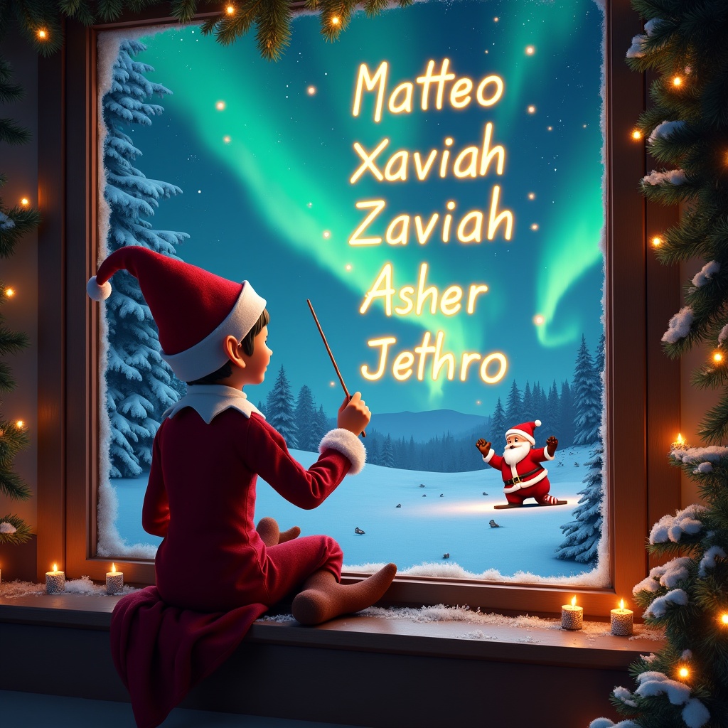 A cozy holiday scene features an elf seated by a window with his back to the viewer. The elf is facing a magical sky, holding a wand and writing names in glowing letters. Outside, the snowy landscape is illuminated by vibrant northern lights. In the distance, Santa Claus can be seen waving cheerfully. The window is framed with cozy holiday decorations, enhancing the festive atmosphere.