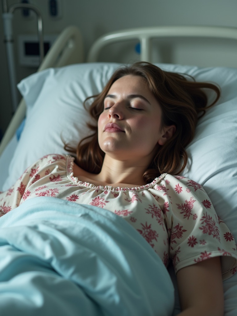 The scene shows a patient sleeping in a hospital bed. The patient wears a floral top. Blankets cover the lower body. The backdrop of the hospital room is visible. A calm ambiance creates a serene atmosphere.