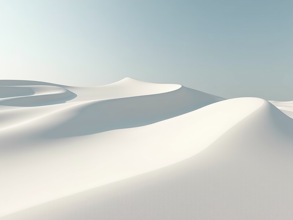 The image showcases a landscape of smooth, undulating white sand dunes under a clear, pale blue sky, presenting a minimalist and tranquil desert scene.