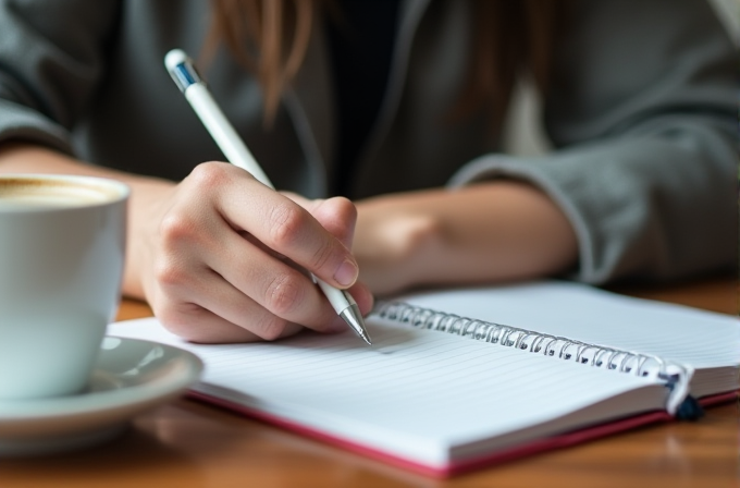 A person writes in a spiral notebook with a pen, next to a coffee cup on a wooden table.