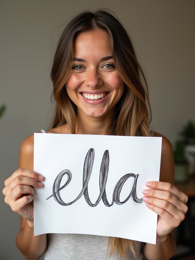 A person holds a piece of paper. The paper shows the handwritten name 'ella'. A smiling expression is visible. Right arm and hand are in view.