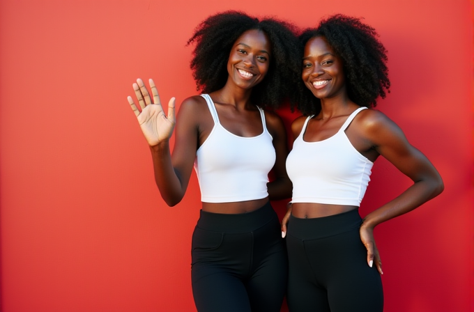 Two women with matching outfits and hairstyles stand smiling against a bold red backdrop.