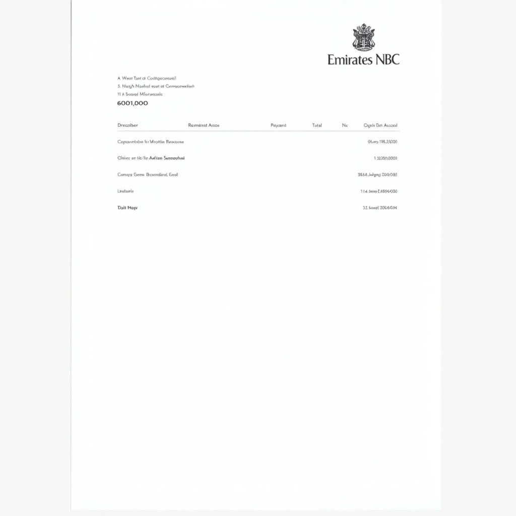 Document showing payment receipt. Emirates NBC logo at the top. Total payment amount of $600,000. Account named Mr Adriano Szancowski. Clean layout with sections for receipts and additional charges. Simple background enhances readability.