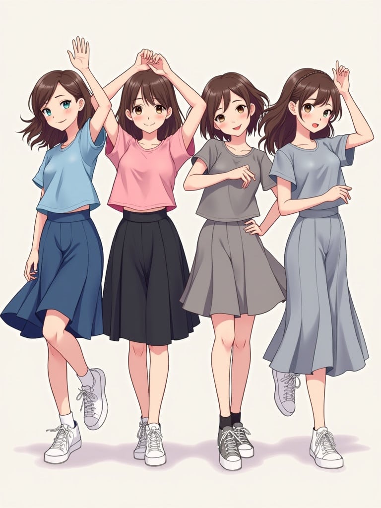 Four K-pop styled characters dancing together. Characters have brown hair and wear different outfits. One wears a blue skirt with a pink top. Another wears a blue top with a black skirt. The last two wearing grey dresses. All characters wear white shoes.