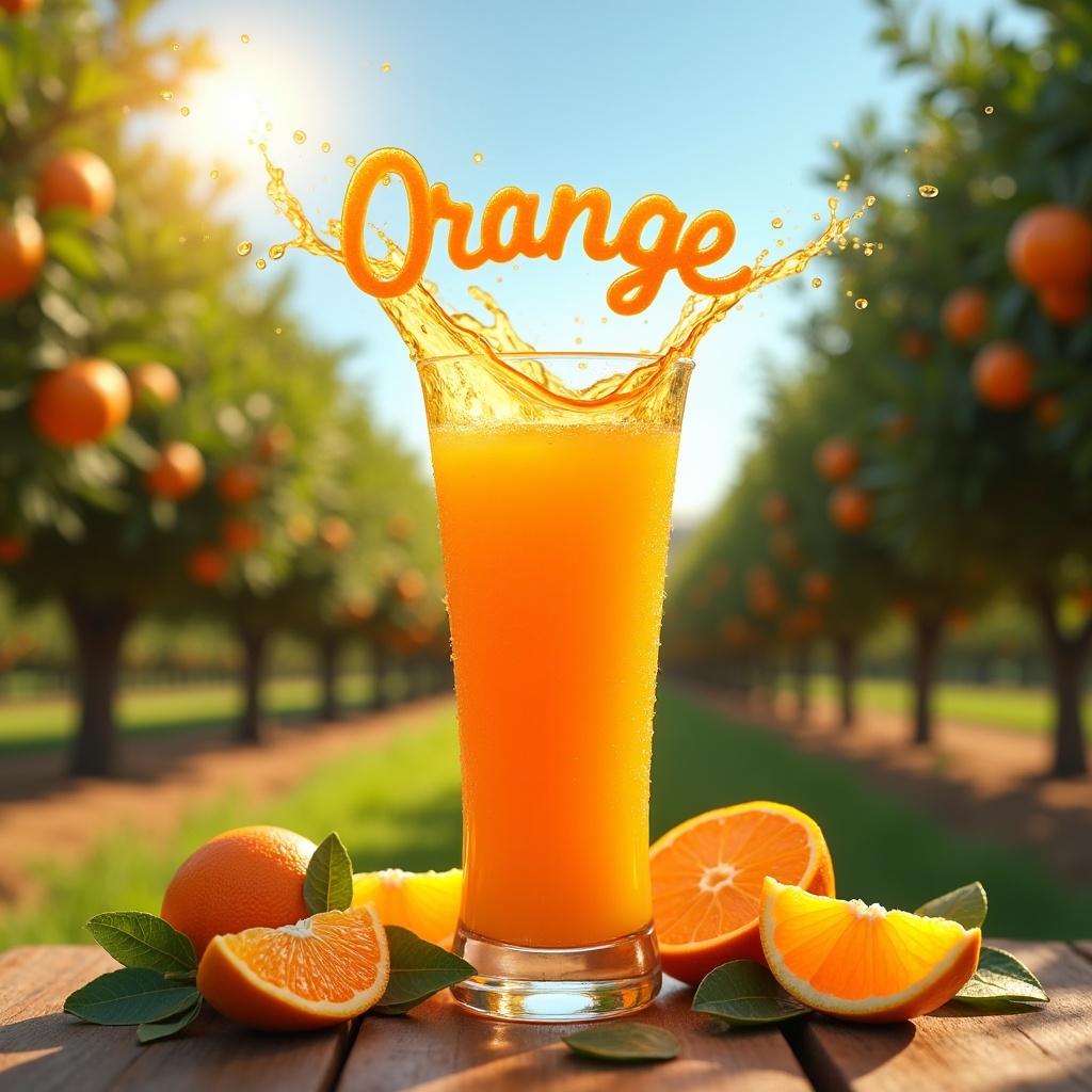 A tall glass of orange juice splashes with the word 'Orange' in a sunlit orchard setting.