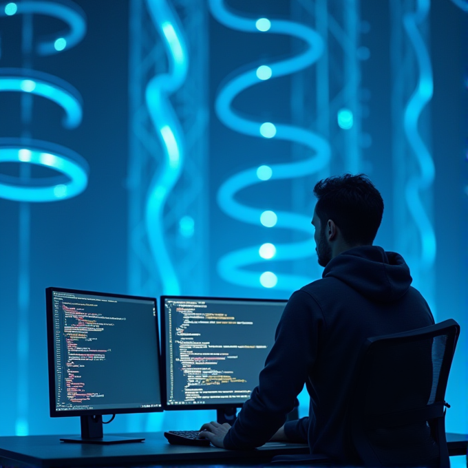 A person in a dimly lit room codes on dual computer monitors with dynamic blue LED spiral lights in the background.