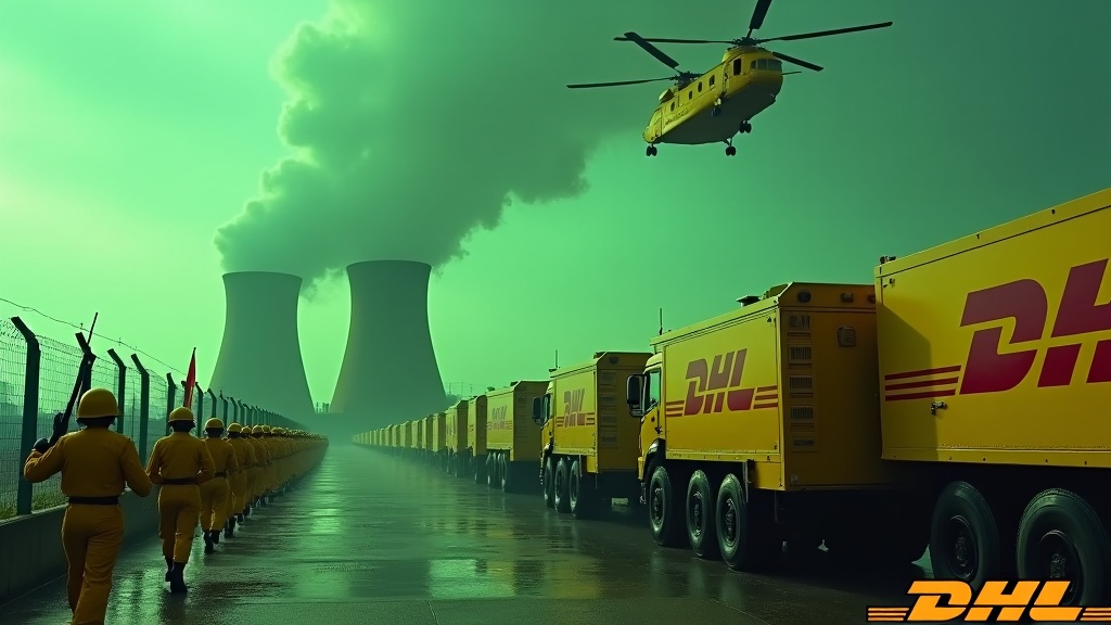 In a dramatic scene, large yellow armored cars approach a fence, emblazoned with the DHL logo. Soldiers in yellow uniforms march in unison, rifles in hand. One soldier proudly holds a flag featuring the DHL logo. Behind them, the ominous smokestacks of a nuclear power plant emit plumes of smoke, bathed in a green glow. A Chinook cargo helicopter hovers above, heightening the intensity of the moment. At the bottom of the image, the DHL logo stands out in bold yellow text, reinforcing the theme of logistics and urgency.