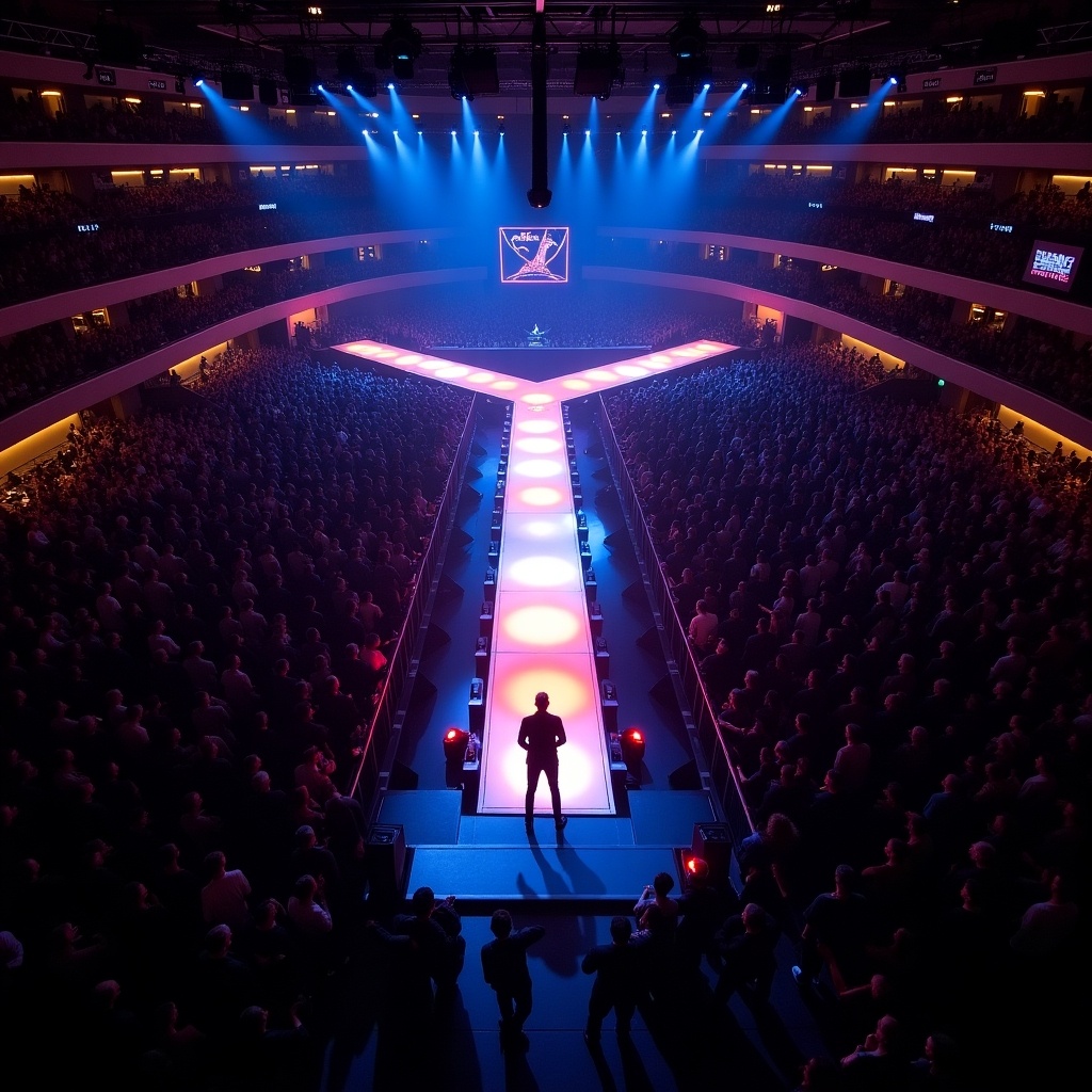 This image captures a captivating moment from a Roddy Rich concert at Madison Square Garden. The T-shaped runway is dramatically illuminated, drawing all eyes toward the stage. The audience fills the arena, creating an energetic atmosphere. The lighting is vibrant, enhancing the overall excitement of the event. An aerial perspective from a drone provides a unique view of the crowd and stage configuration.