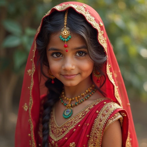 An Indian girl adorned in traditional attire with intricate embroidery and accessories. The girl wears a red saree accompanied by gold jewelry, set against a blurred natural background.