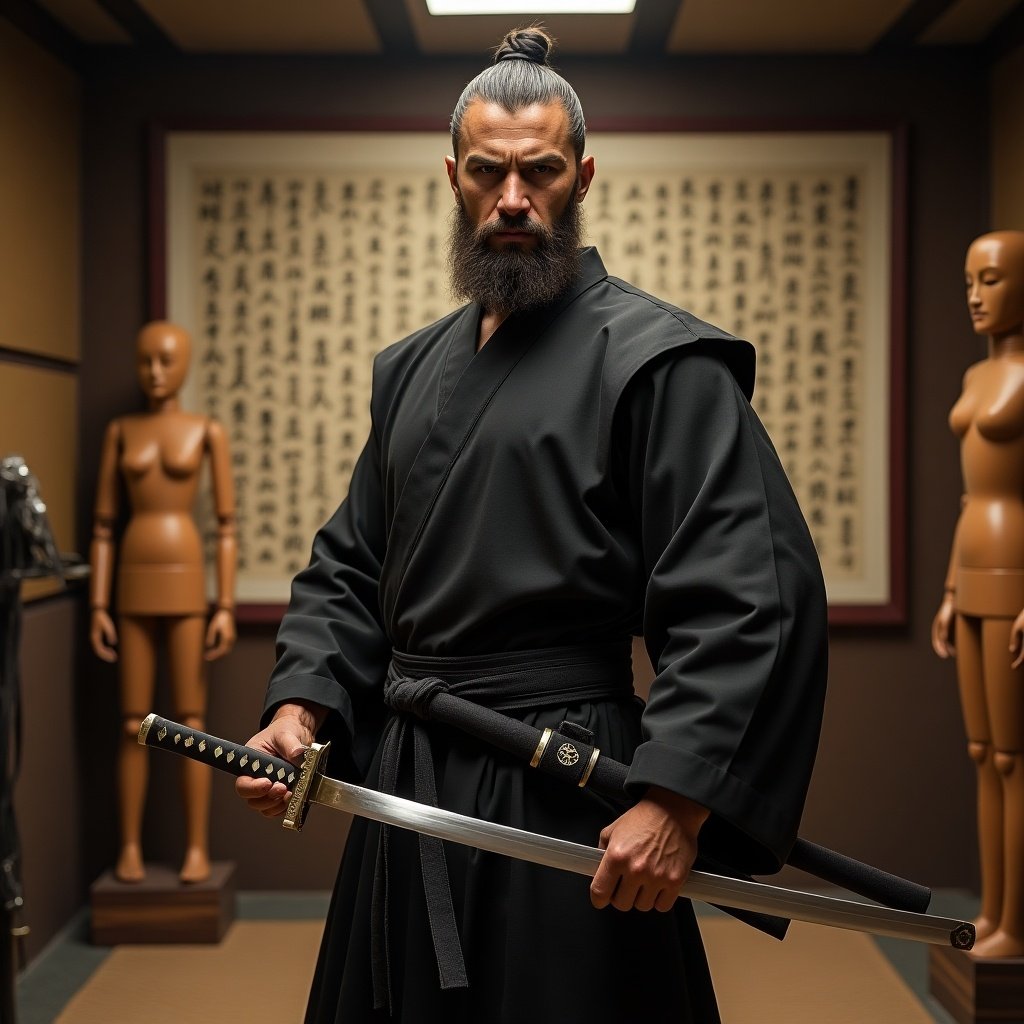 A strong sword master stands confidently with a katana. He wears a black robe and has a beard. Wooden mannequins and Asian calligraphy decor the background.