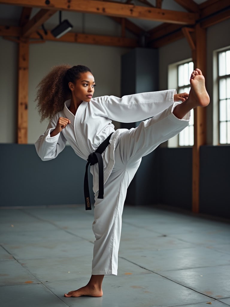 A young black woman performs a high side kick in a martial arts gym. She wears a karate uniform with a black belt. The gym has wooden beams and large windows. The atmosphere is focused and energetic.