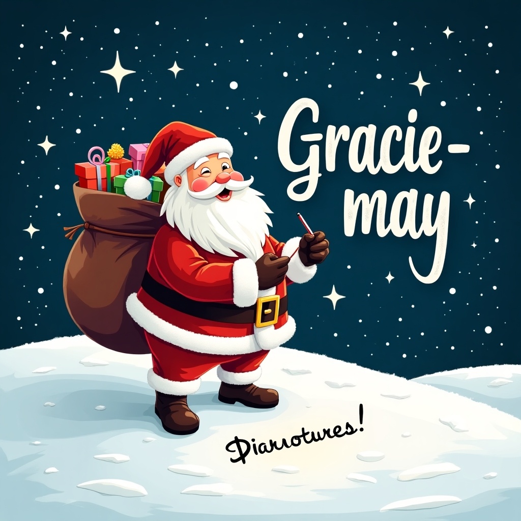 Santa Claus stands on snowy hill. Starry night sky in background. Santa writes names in snow. Traditional red and white suit. Large sack of gifts on back. Bright twinkling stars surround him. Phrase 'Gracie-may' in whimsical font adds to festive atmosphere.