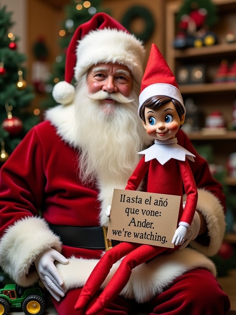 Elf on the shelf sitting next to Santa Claus in a toy workshop. Santa wearing traditional red outfit. Background with Christmas decorations like Christmas tree. Elf dressed in red with white trim holding a sign with Spanish and English text. Toy cars and tractors visible.