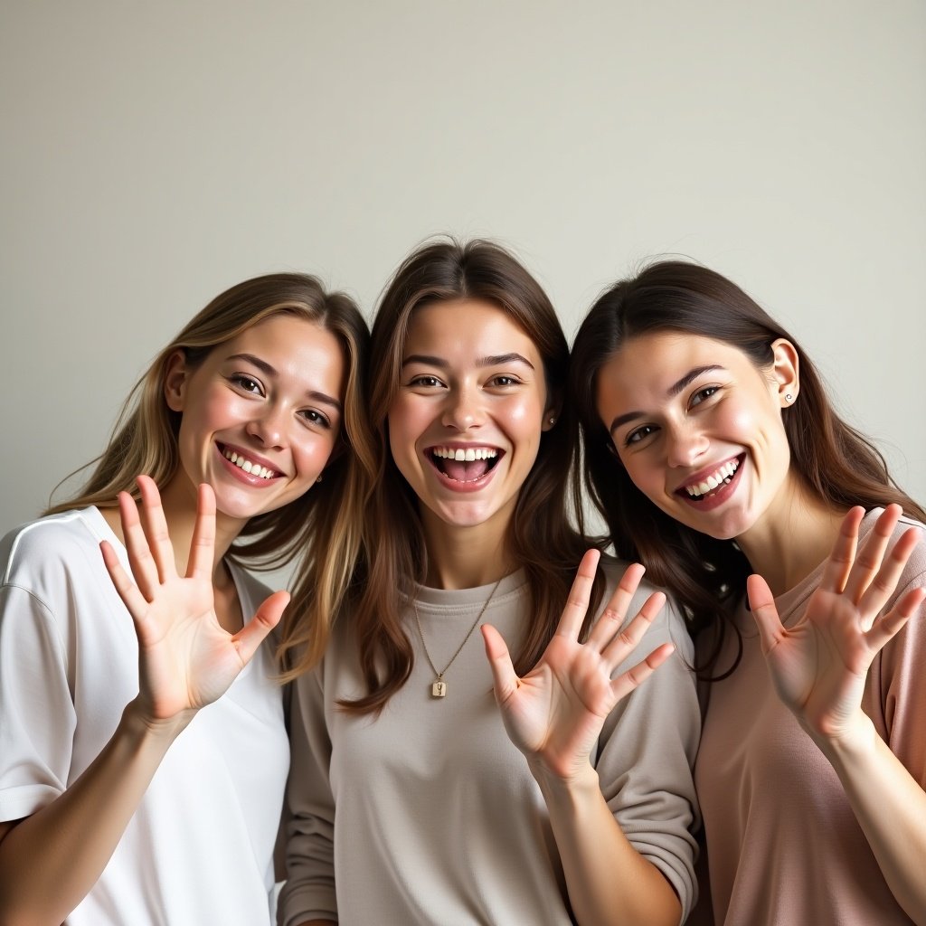 Three young women are smiling and waving enthusiastically at the camera. The background is neutral and soft.