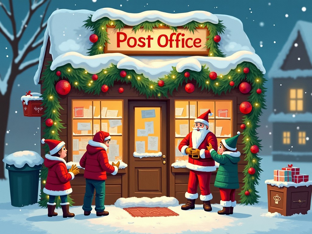 The illustration depicts a festive post office decorated for Christmas, featuring Santa Claus interacting with children. The building is adorned with vibrant green garlands and red ornaments, creating a welcoming holiday atmosphere. Snow gently falls in the background, adding to the winter charm. Children dressed warmly are eagerly waiting to speak with Santa, who is joyfully engaging with them. The scene embodies the spirit of giving and holiday magic.