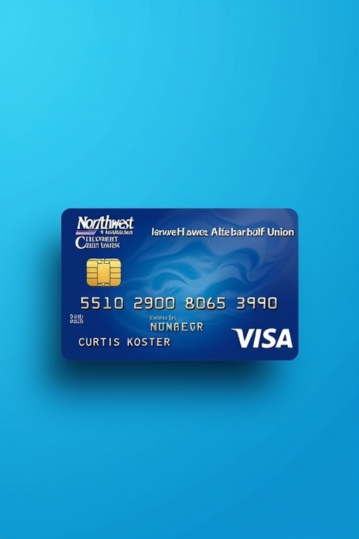 Realistic depiction of a credit card featuring Visa logo and Northwest Federal Credit Union. Card number 5510 2900 8065 3990 is displayed prominently. Name Curtis Koster clearly presented. Expiry date shown as 09/26. Background is clean blue to enhance visual appeal.