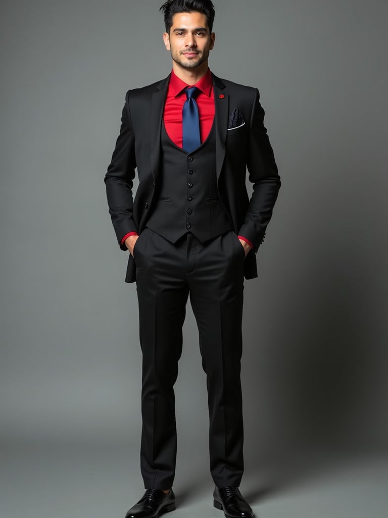 Man in a professional black business suit with a red shirt and blue tie. Outfit includes a black waistcoat vest and black pants. The man has neatly styled dark hair. Background is elegant and simple.