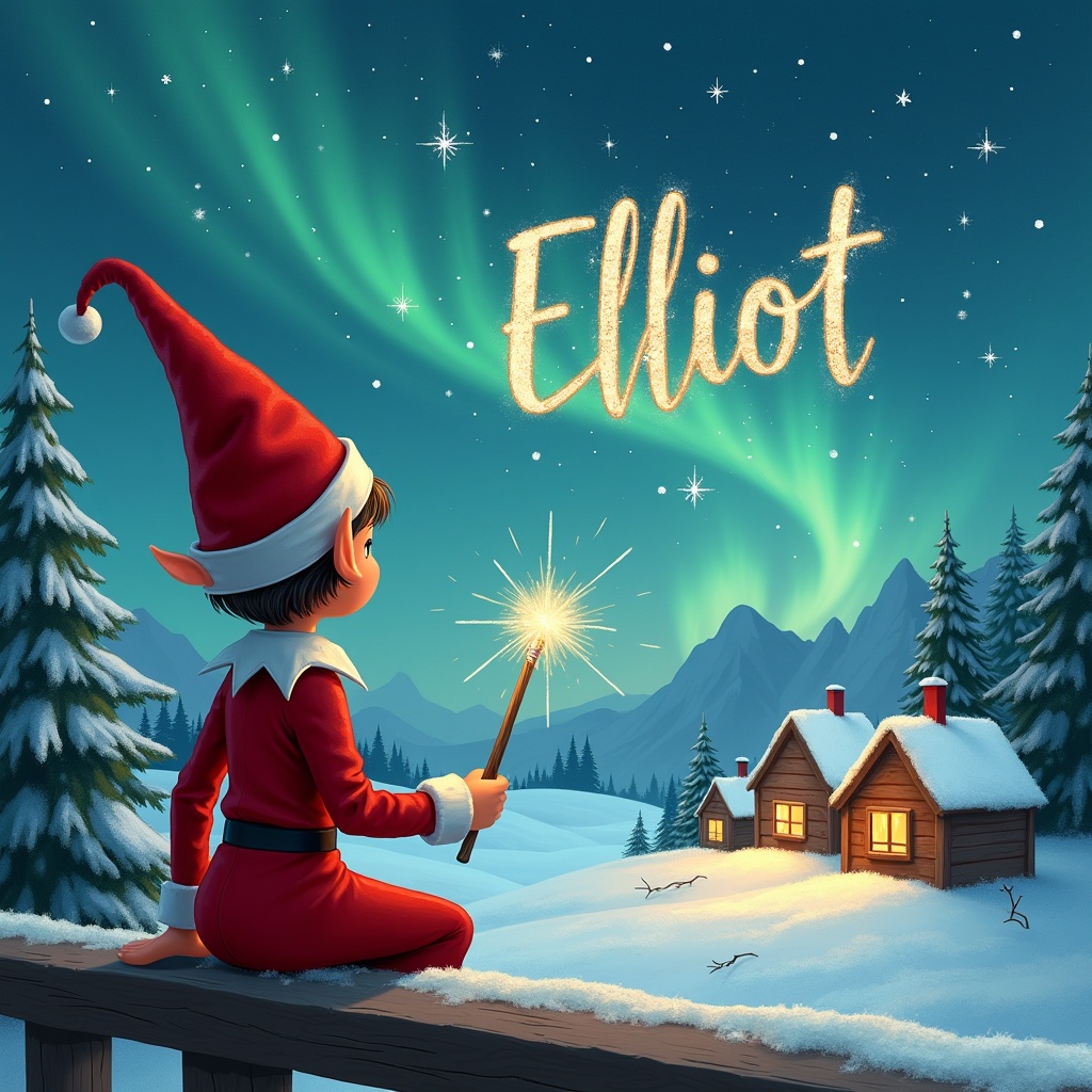 An elf sits on a ledge looking at the sky. The elf wears a red outfit and pointed hat. The elf holds a sparkling wand. The elf writes 'Elliot' in the starry sky. The landscape is snowy with charming houses and evergreen trees under Northern Lights. The elf also writes 'Natasha' and 'Ada' in the sky.