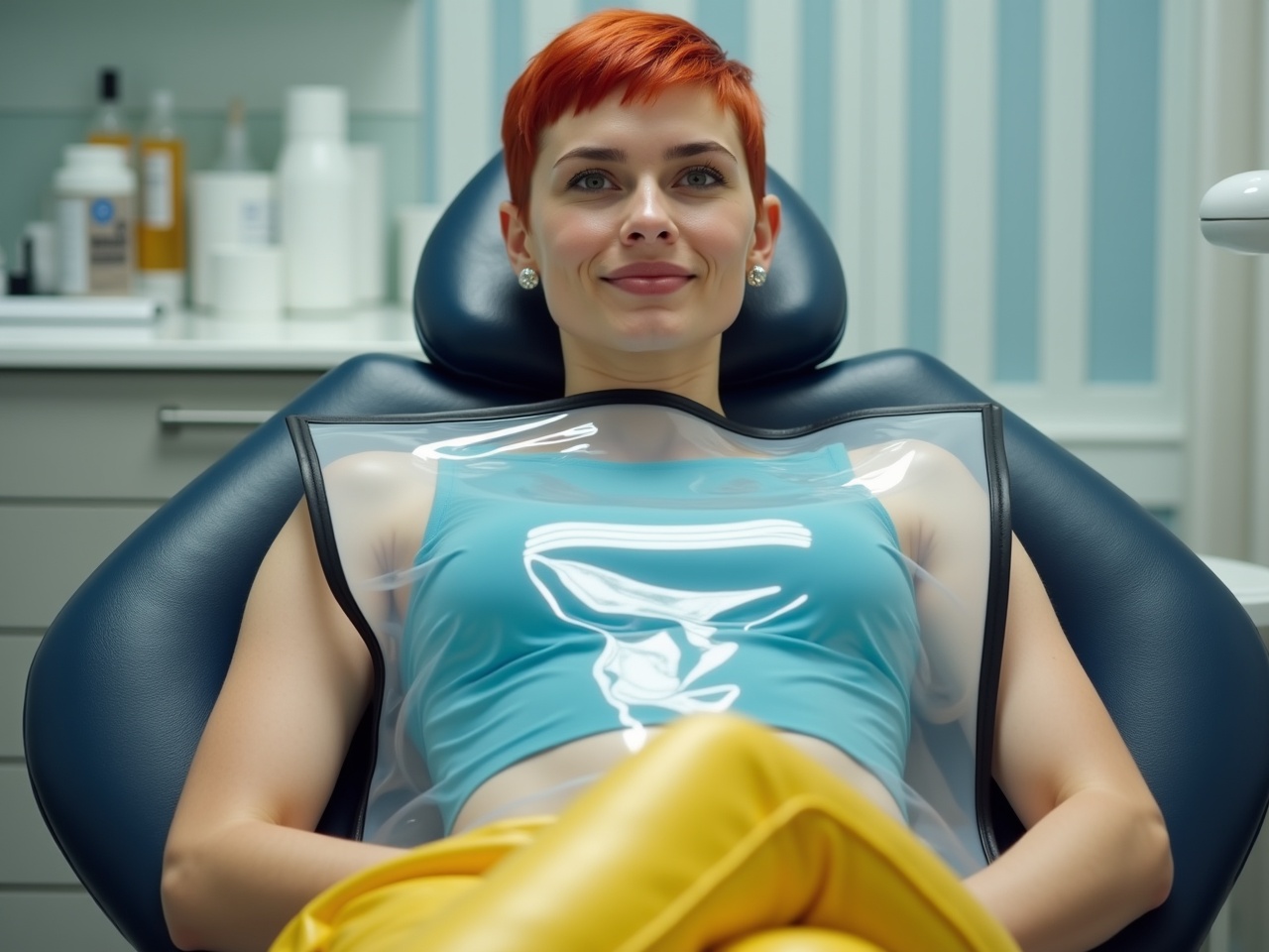 A woman with short red hair is comfortably lying in a dental clinic chair. She is dressed in a blue tank top and shiny yellow pants, looking relaxed and at ease. The woman is wearing a large clear PVC dental bib with black edges, which covers her knees. The dental office has a professional appearance with bright, even lighting. This image captures the modern approach to dental care, emphasizing both style and comfort during treatment.