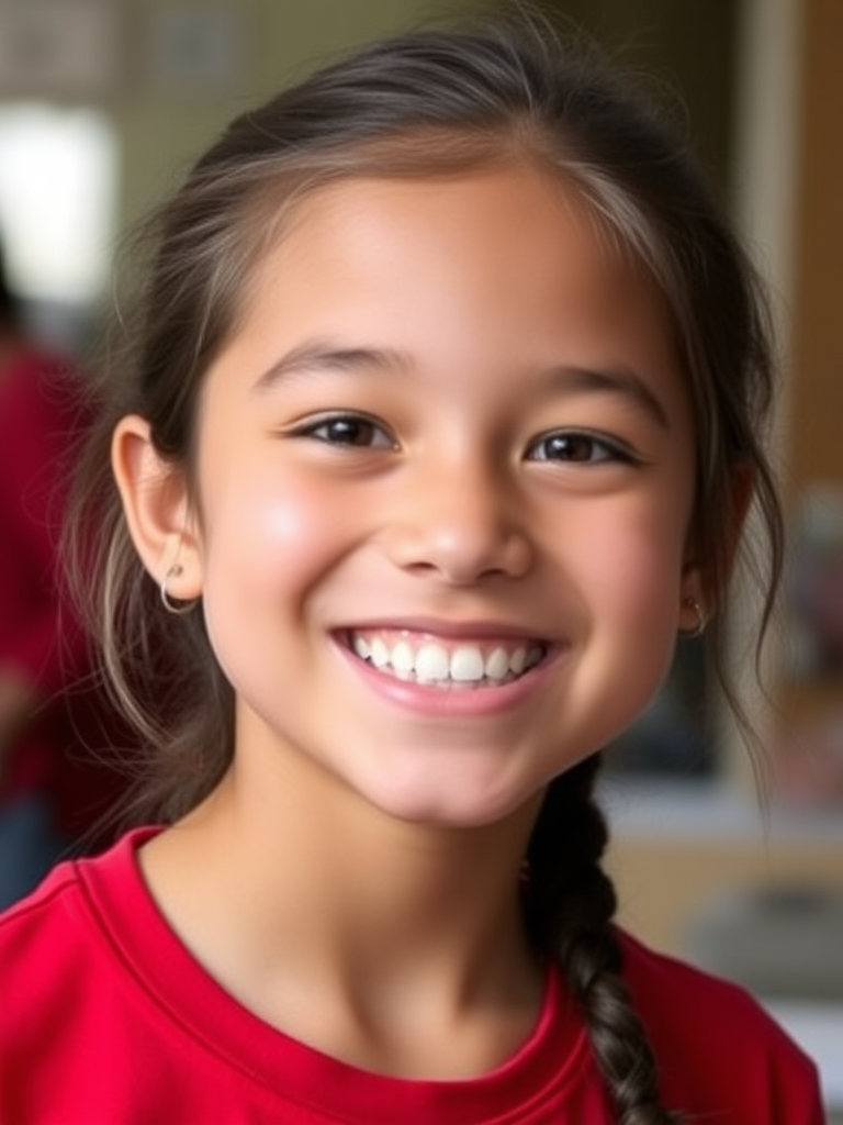 A young girl with a radiant smile, wearing a red shirt, has her hair tied in a braid as she looks forward with joy and warmth.