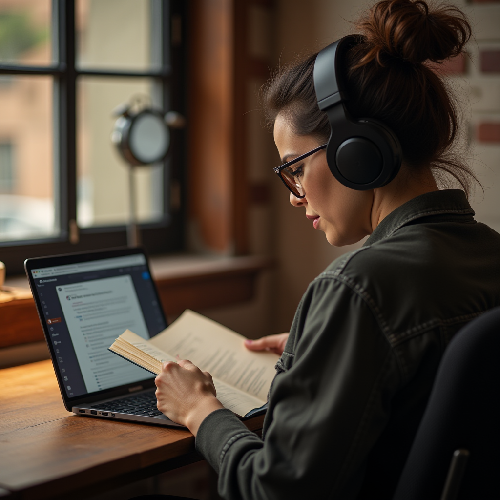 A woman wearing headphones reads a book at a desk with a laptop nearby.