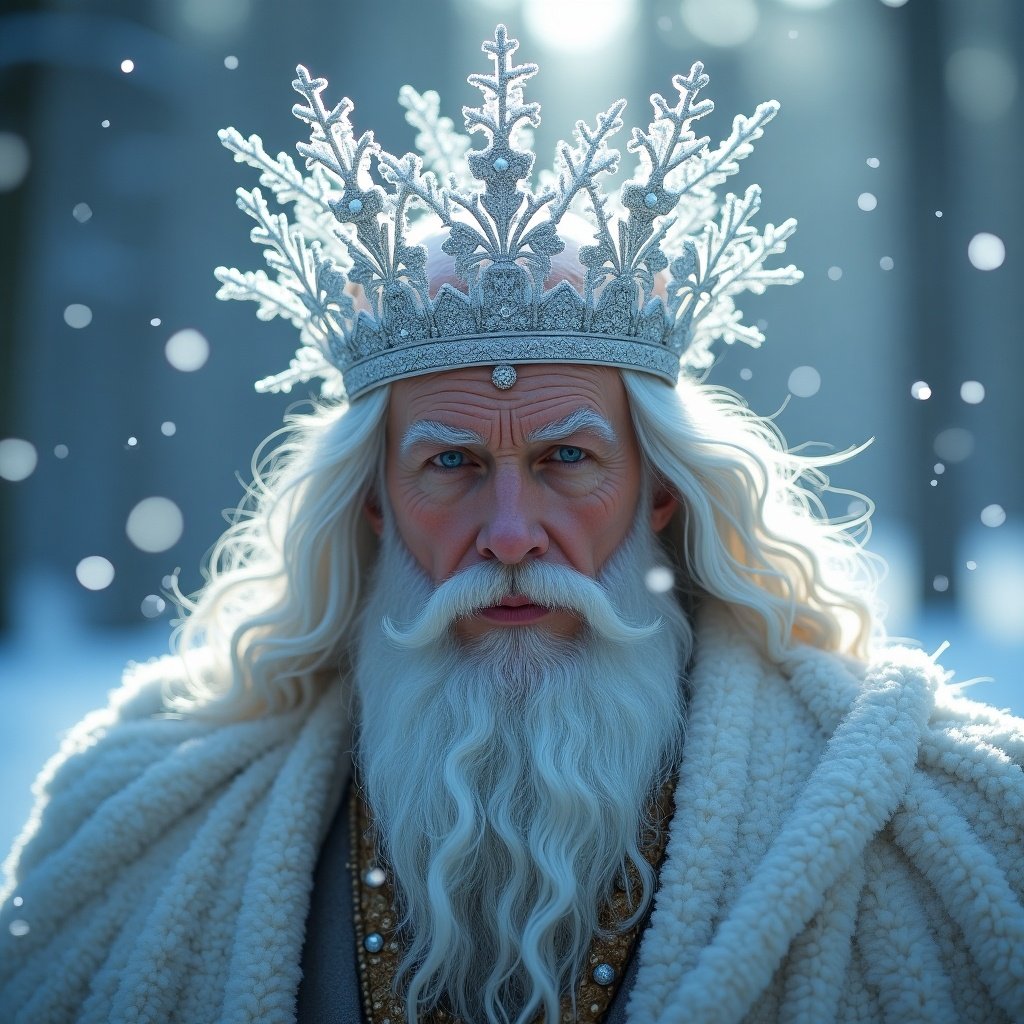 A god figure wearing a snow crown. The figure has long, flowing hair and a luxurious robe. There are snowflakes falling around. The atmosphere is ethereal and serene. Light creates a magical glow.