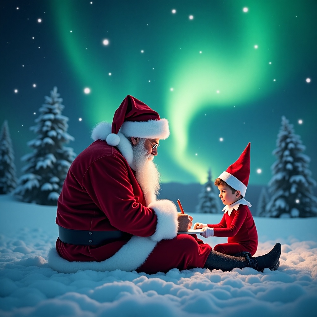 The image depicts Santa Claus and an elf from the 'Elf on the Shelf' tradition in a snowy landscape. They are illuminated by the stunning northern lights in the night sky. Santa is intently writing something while gazing at the eager elf beside him. The snowy ground reflects the soft, colorful hues of the aurora borealis, enhancing the magical atmosphere. This enchanting scene embodies the spirit of Christmas and joy, making it perfect for holiday-themed content.