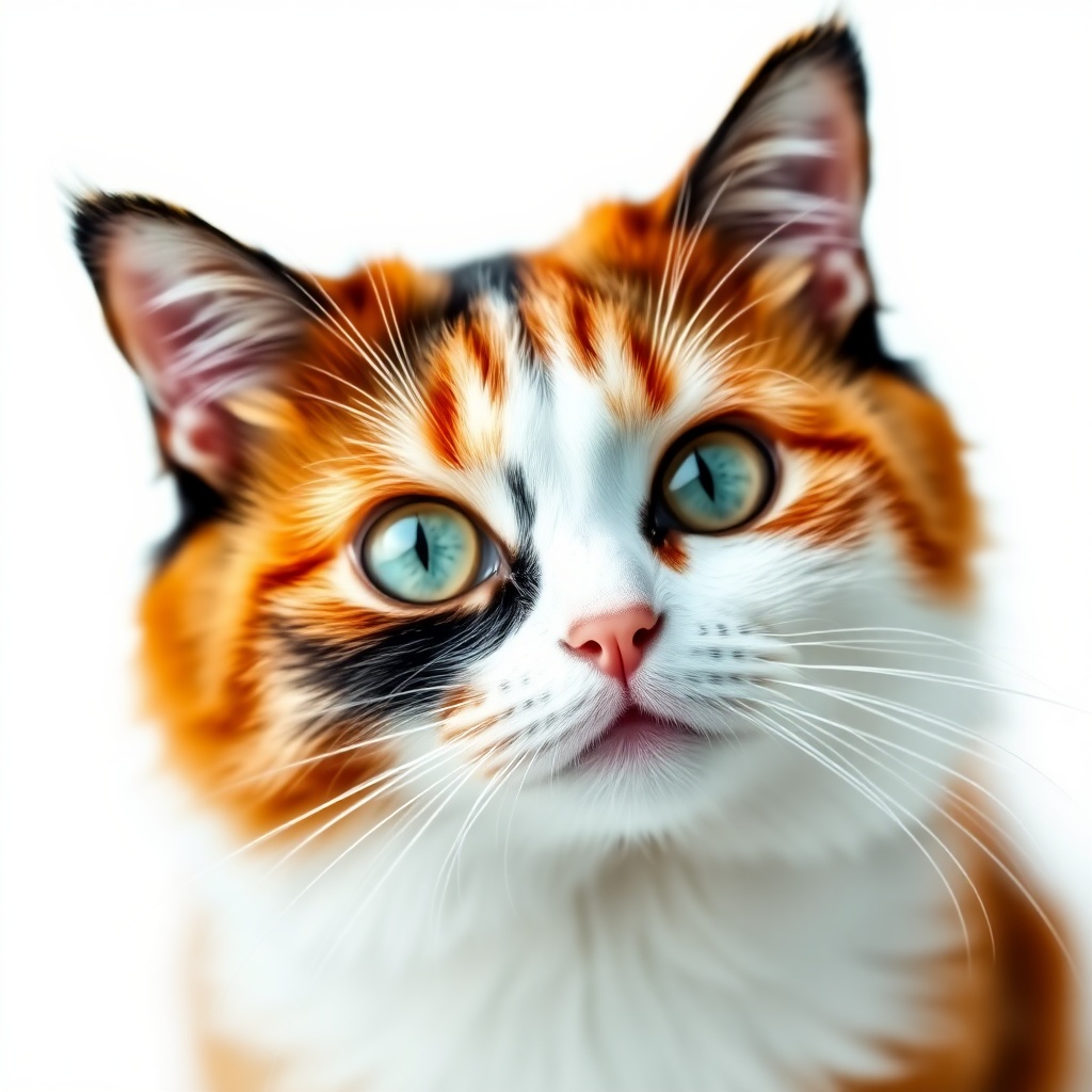 A close-up portrait of a calico cat with bright blue eyes, orange and black fur, against a white background.