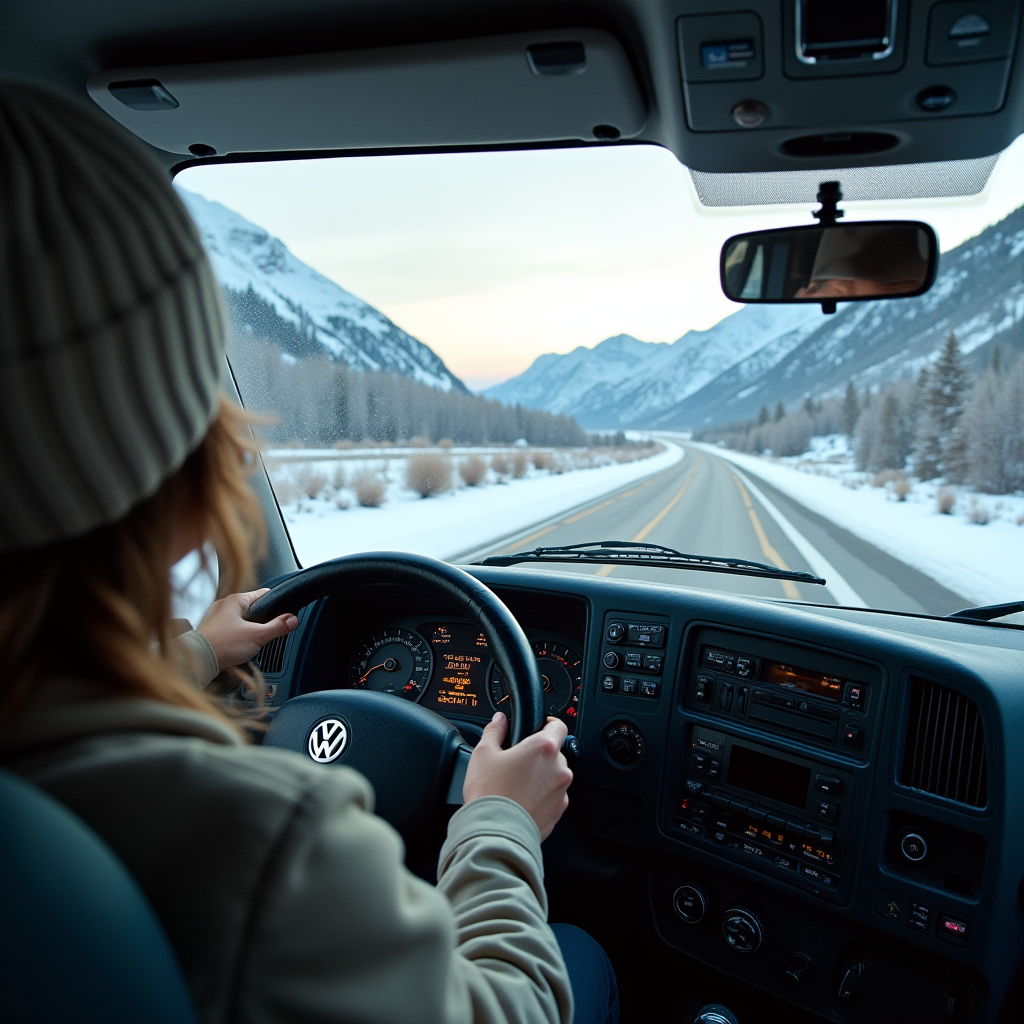 A person driving a vehicle through a snowy mountain road with breathtaking views.