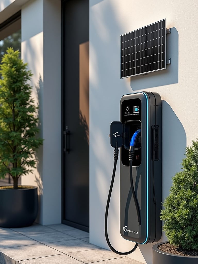 Image of electric vehicle charger installed on a luxury home alongside a solar panel. The setting includes landscaped greenery and modern architecture.