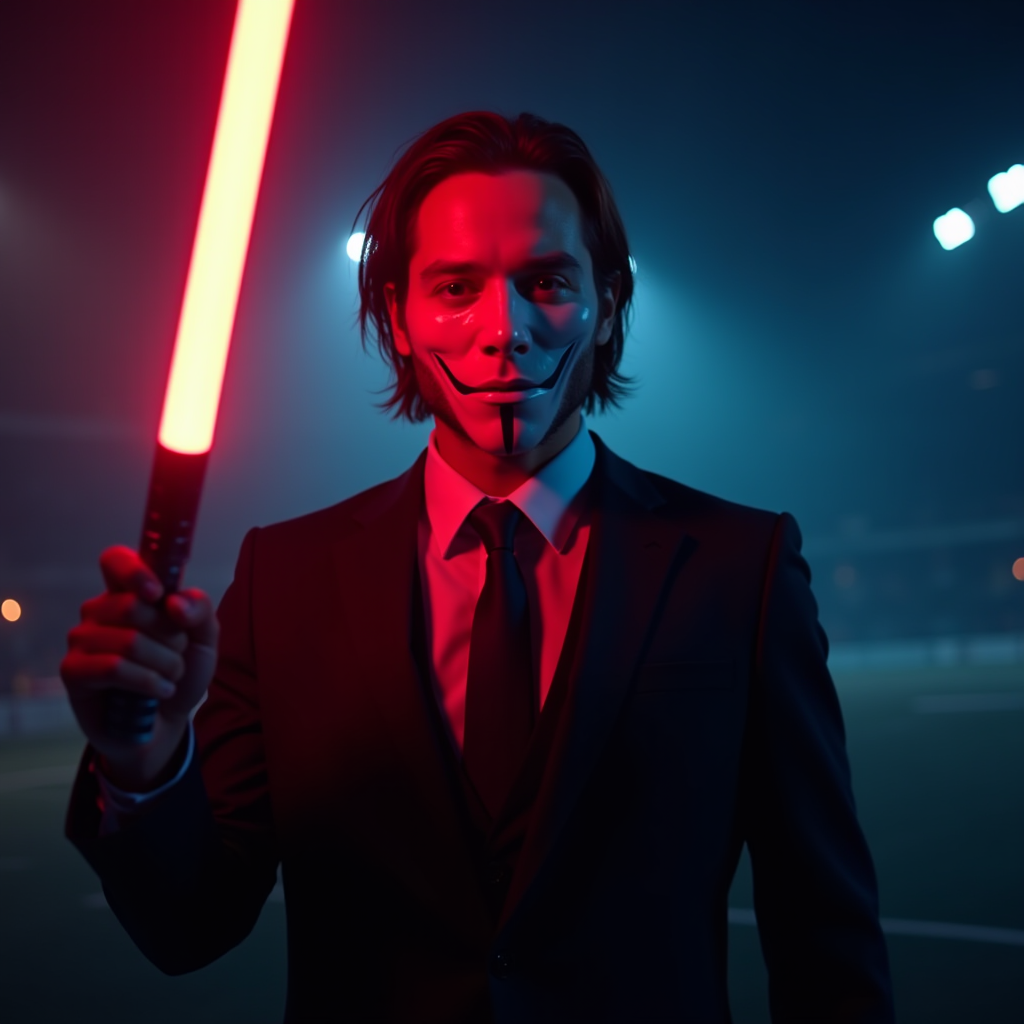 A person in a suit holding a glowing red saber while wearing a Guy Fawkes mask in a dramatic, dimly lit setting.